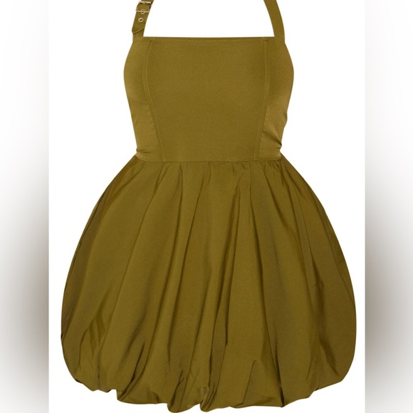 PrettyLittleThing Khaki Buckle Halterneck Puffball Mini 16W NWT FW26 holiday - Picture 3 of 7